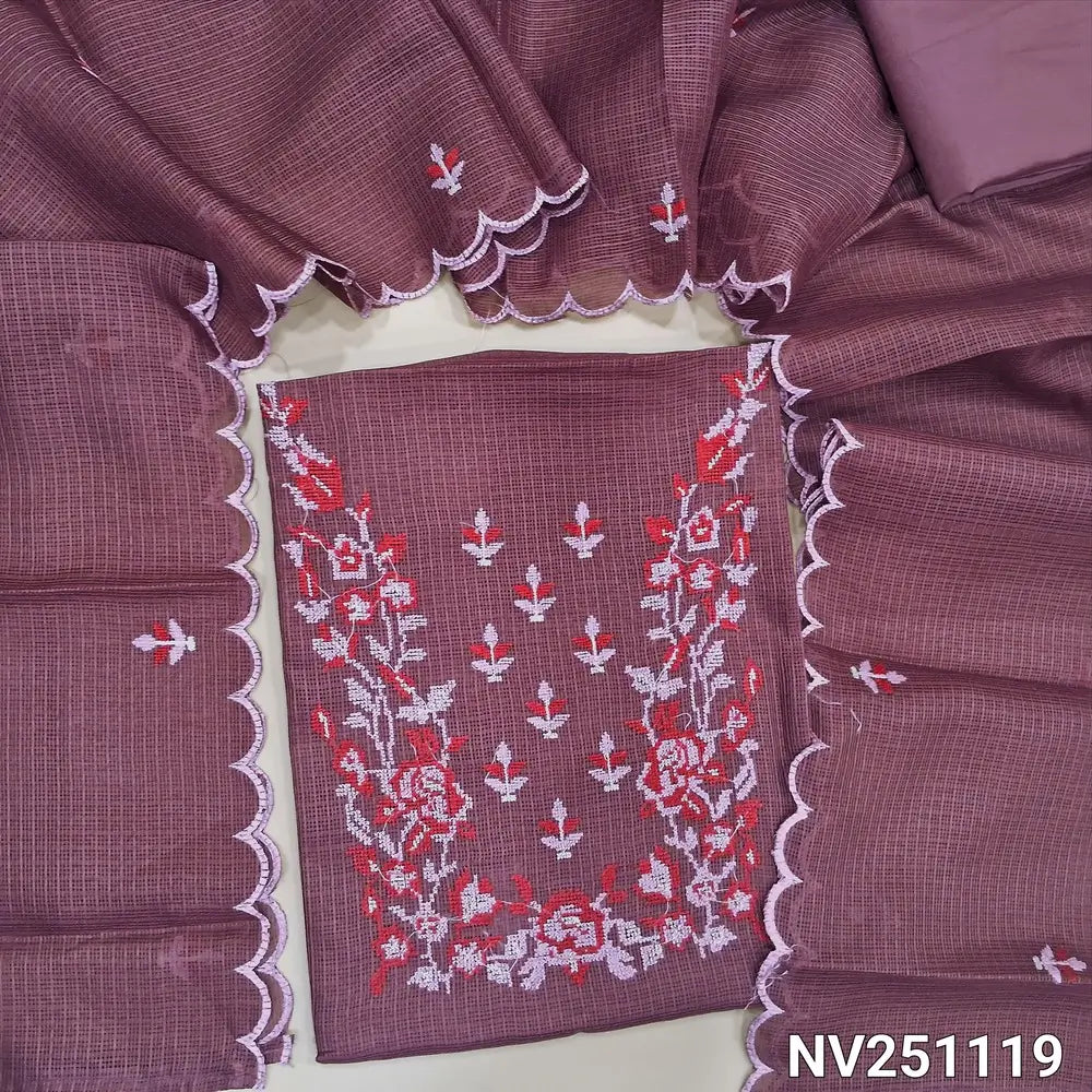 Dark onion pink fancy kota silk cotton unstitched salwar material (lining needed) cross stitch embroidery work on yoke,  matching silky bottom, embroidery work on kota silk cotton dupatta. NV251121