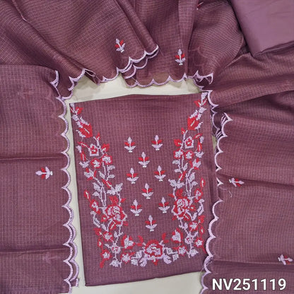 Dark onion pink fancy kota silk cotton unstitched salwar material (lining needed) cross stitch embroidery work on yoke,  matching silky bottom, embroidery work on kota silk cotton dupatta. NV251121
