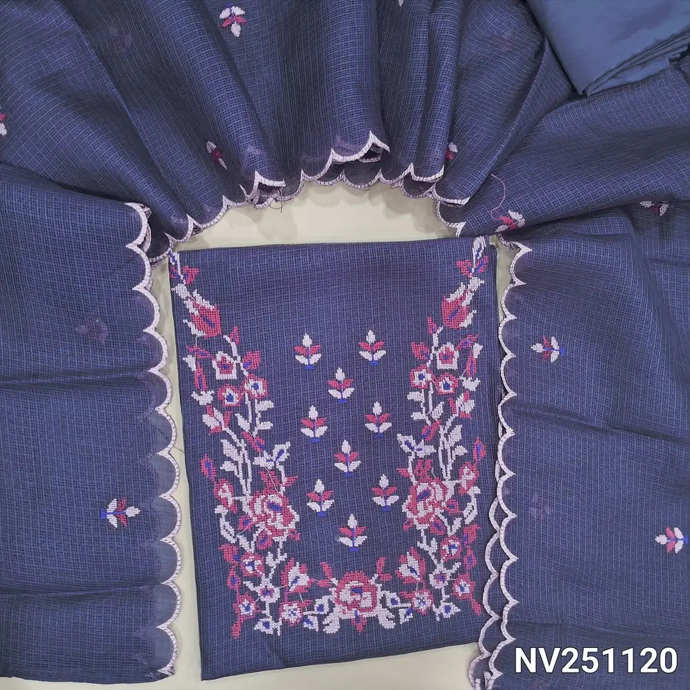 Greyish blue fancy kota silk cotton unstitched salwar material (lining needed) cross stitch embroidery work on yoke,  matching silky bottom, embroidery work on kota silk cotton dupatta. NV251120