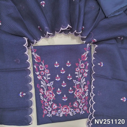 Greyish blue fancy kota silk cotton unstitched salwar material (lining needed) cross stitch embroidery work on yoke,  matching silky bottom, embroidery work on kota silk cotton dupatta. NV251120
