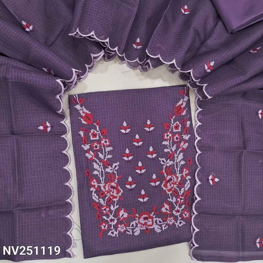 Light purple fancy kota silk cotton unstitched salwar material (lining needed) cross stitch embroidery work on yoke,  matching silky bottom, embroidery work on kota silk cotton dupatta. NV251119