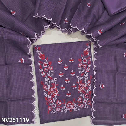Light purple fancy kota silk cotton unstitched salwar material (lining needed) cross stitch embroidery work on yoke,  matching silky bottom, embroidery work on kota silk cotton dupatta. NV251119