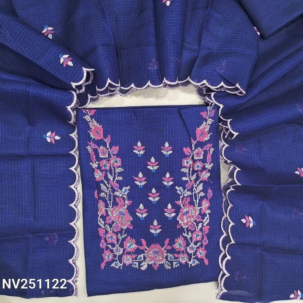 Dark Blue fancy kota silk cotton unstitched salwar material (lining needed) cross stitch embroidery work on yoke,  matching silky bottom, embroidery work on kota silk cotton dupatta. NV251122