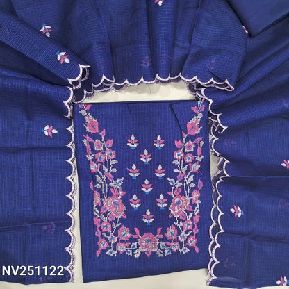 Dark Blue fancy kota silk cotton unstitched salwar material (lining needed) cross stitch embroidery work on yoke,  matching silky bottom, embroidery work on kota silk cotton dupatta. NV251122