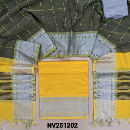 Mango yellow mangalgiri silk cotton unstitched salwar material (lining needed)silver zari woven on daman, silver grey silk cotton bottom, mangalgiri silk full length dupatta with contrast pallu and silver zari borders . NV251202