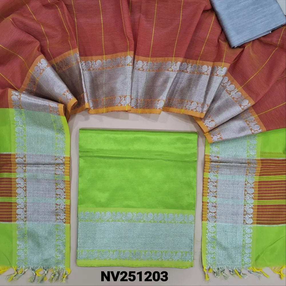 Parrot green mangalgiri silk cotton unstitched salwar material (lining needed)silver zari woven on daman, silver grey silk cotton bottom, mangalgiri silk full length dupatta with contrast pallu and silver zari borders . NV251203