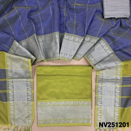 Light mossy green mangalgiri silk cotton unstitched salwar material (lining needed)silver zari woven on daman, silver grey silk cotton bottom, mangalgiri silk full length dupatta with contrast pallu and silver zari borders . NV251201