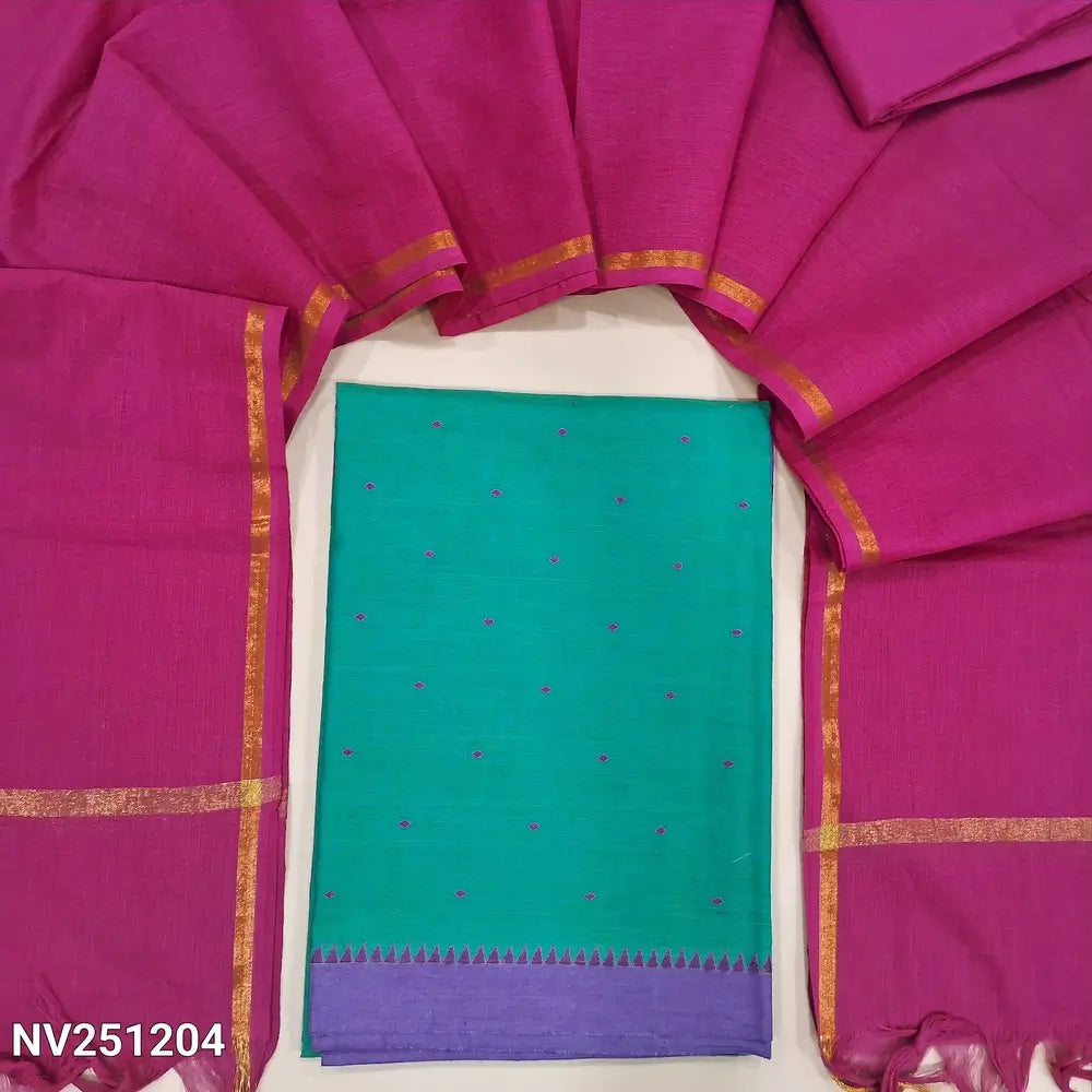 Turquoise blue handloom cotton unstitched salwar material (lining needed) thread buttas all over, Bright pink cotton bottom,  handloom cotton dupatta with golden borders & tassels. NV251204