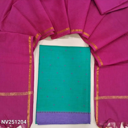 Turquoise blue handloom cotton unstitched salwar material (lining needed) thread buttas all over, Bright pink cotton bottom,  handloom cotton dupatta with golden borders & tassels. NV251204