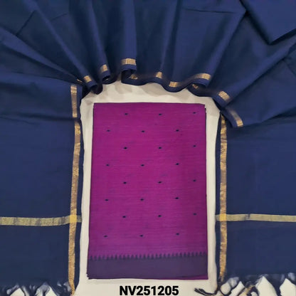 Purple handloom cotton unstitched salwar material (lining needed) thread buttas all over, dark blue cotton bottom, dark blue handloom cotton dupatta with golden borders & tassels. NV251205