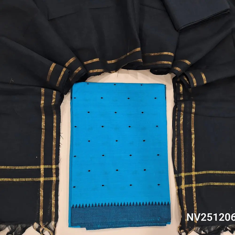 Light blue handloom cotton unstitched salwar material (lining needed) thread buttas all over, black cotton bottom, dark blue handloom cotton dupatta with golden borders & tassels. NV251206