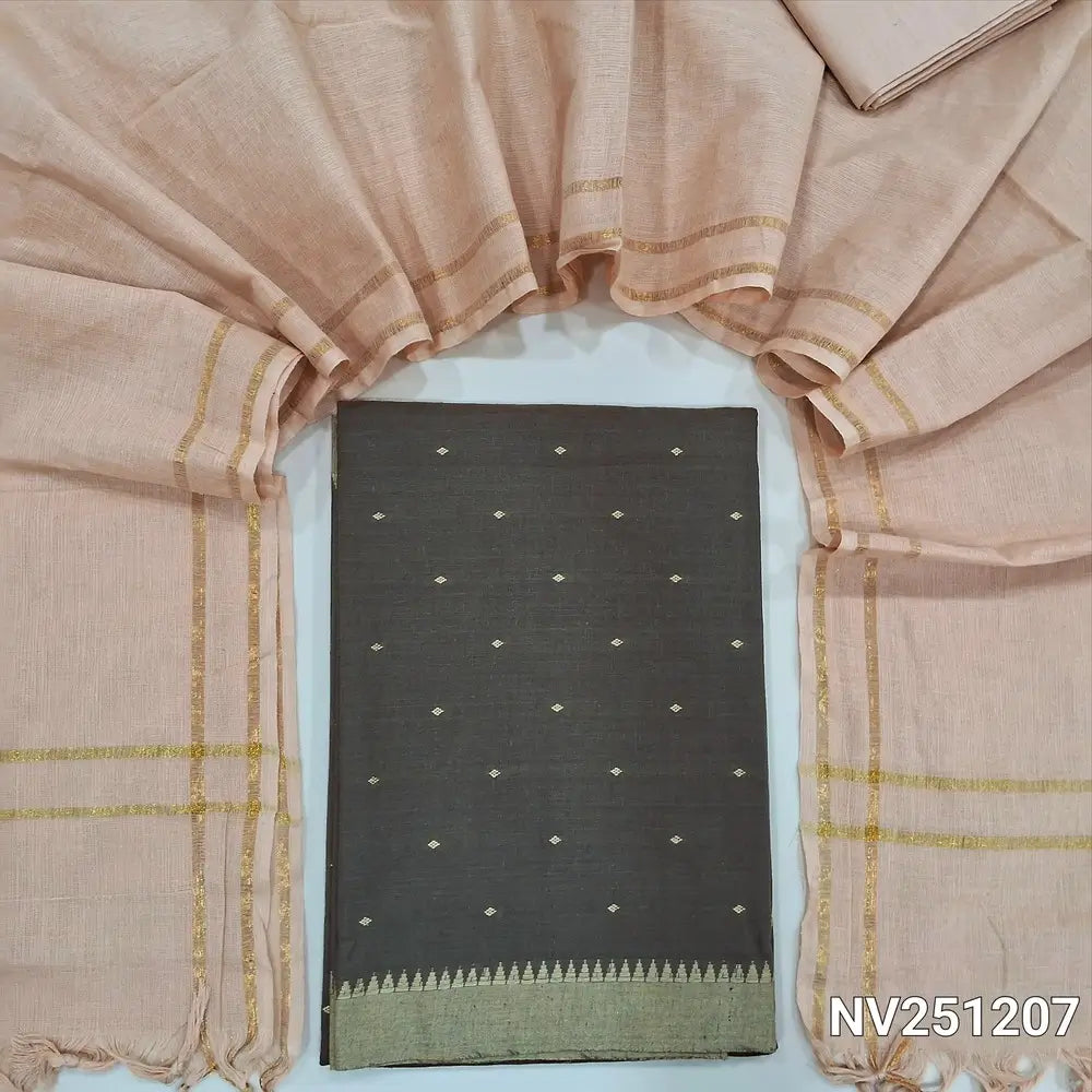 Olive green handloom cotton unstitched salwar material (lining needed) thread buttas all over, beige cotton bottom, dark blue handloom cotton dupatta with golden borders & tassels. NV251207