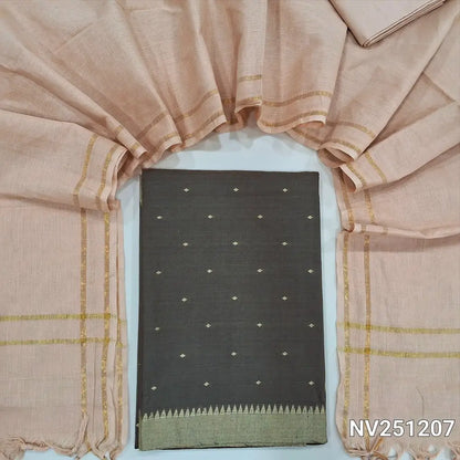 Olive green handloom cotton unstitched salwar material (lining needed) thread buttas all over, beige cotton bottom, dark blue handloom cotton dupatta with golden borders & tassels. NV251207