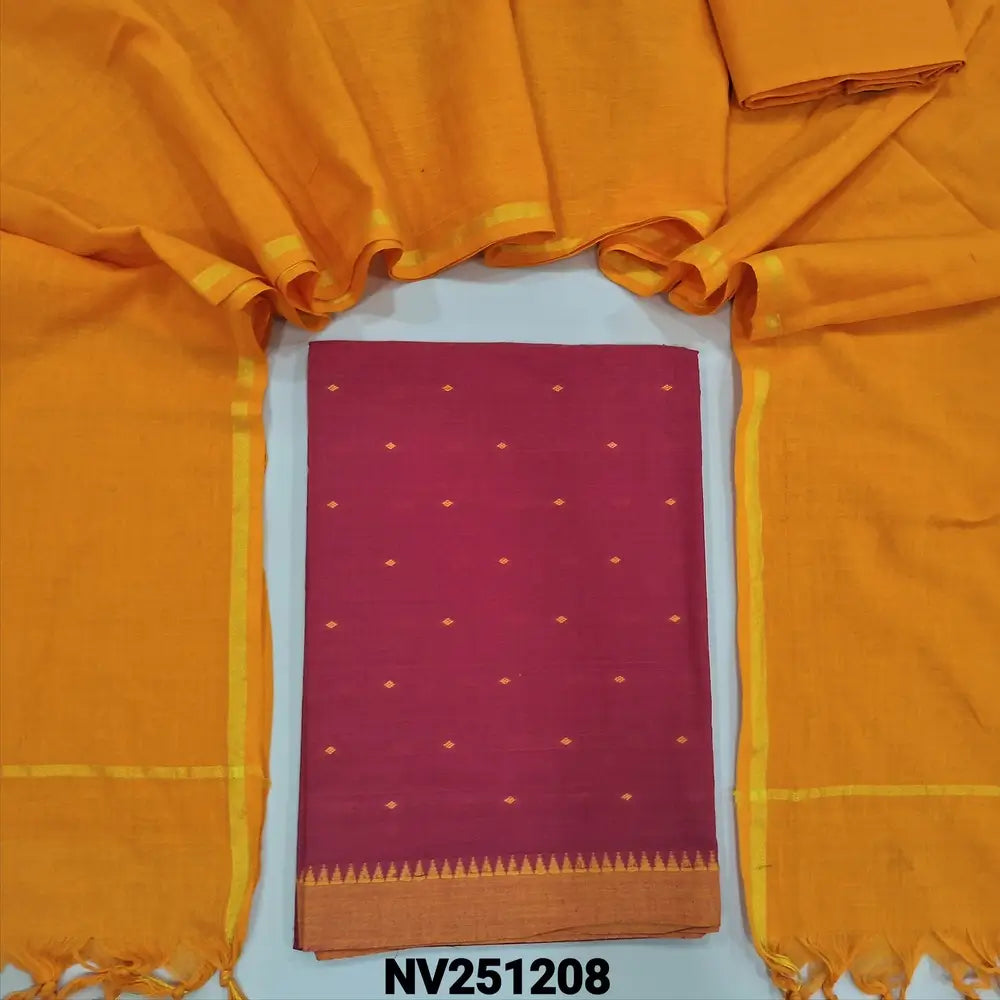 Red handloom cotton unstitched salwar material (lining needed) thread buttas allover, orange cotton bottom, dark blue handloom cotton dupatta with golden borders & tassels.NV251208
