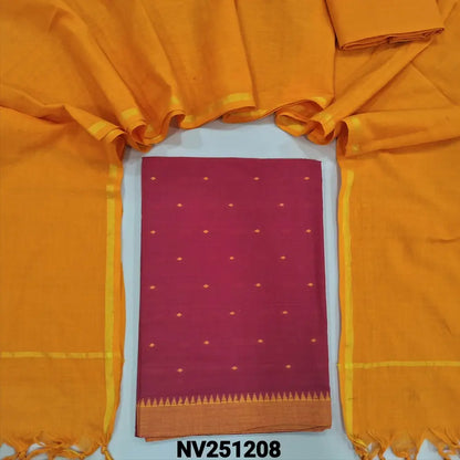 Red handloom cotton unstitched salwar material (lining needed) thread buttas allover, orange cotton bottom, dark blue handloom cotton dupatta with golden borders & tassels.NV251208