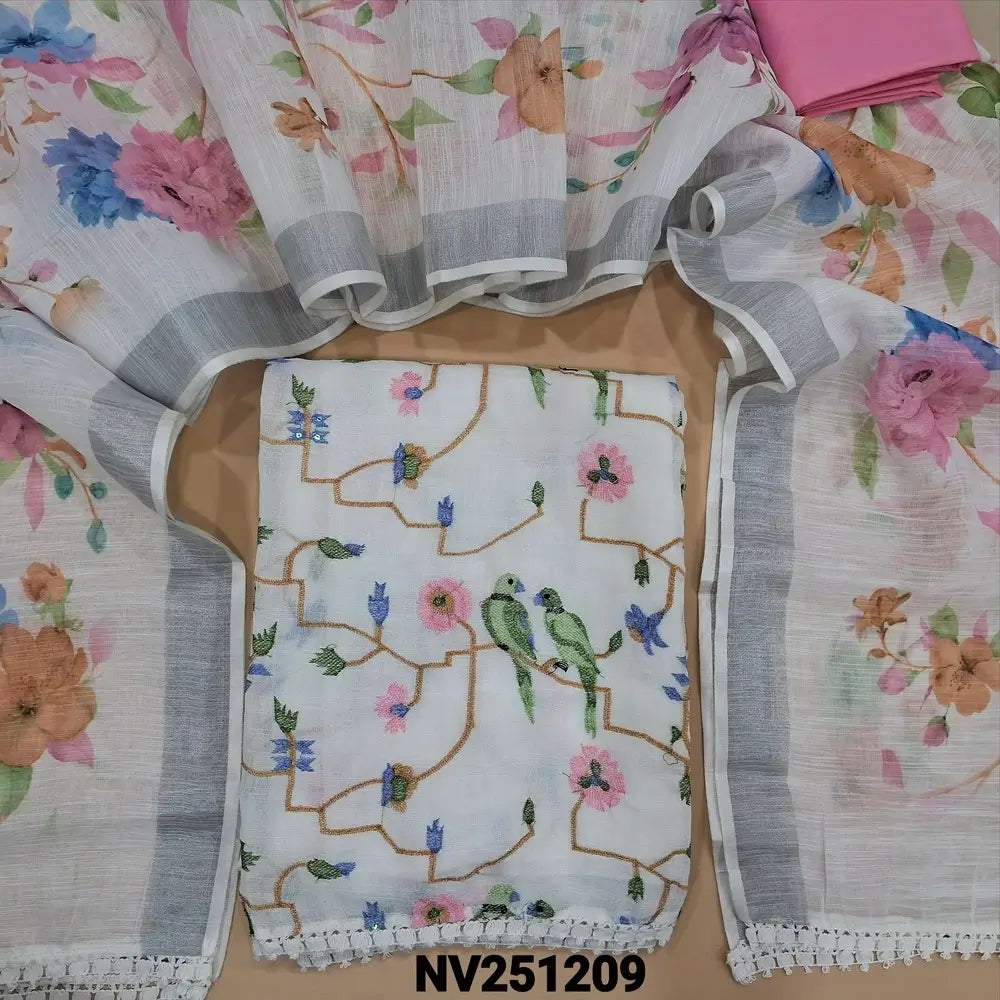 Half white base semi linen unstitched salwar material(thin,lining needed)pastel thread embroidery work on front,lace work on daman, baby pink silky bottom,floral printed on fancy semi linen dupatta with lace tapings and silver tissue borders. NV251209