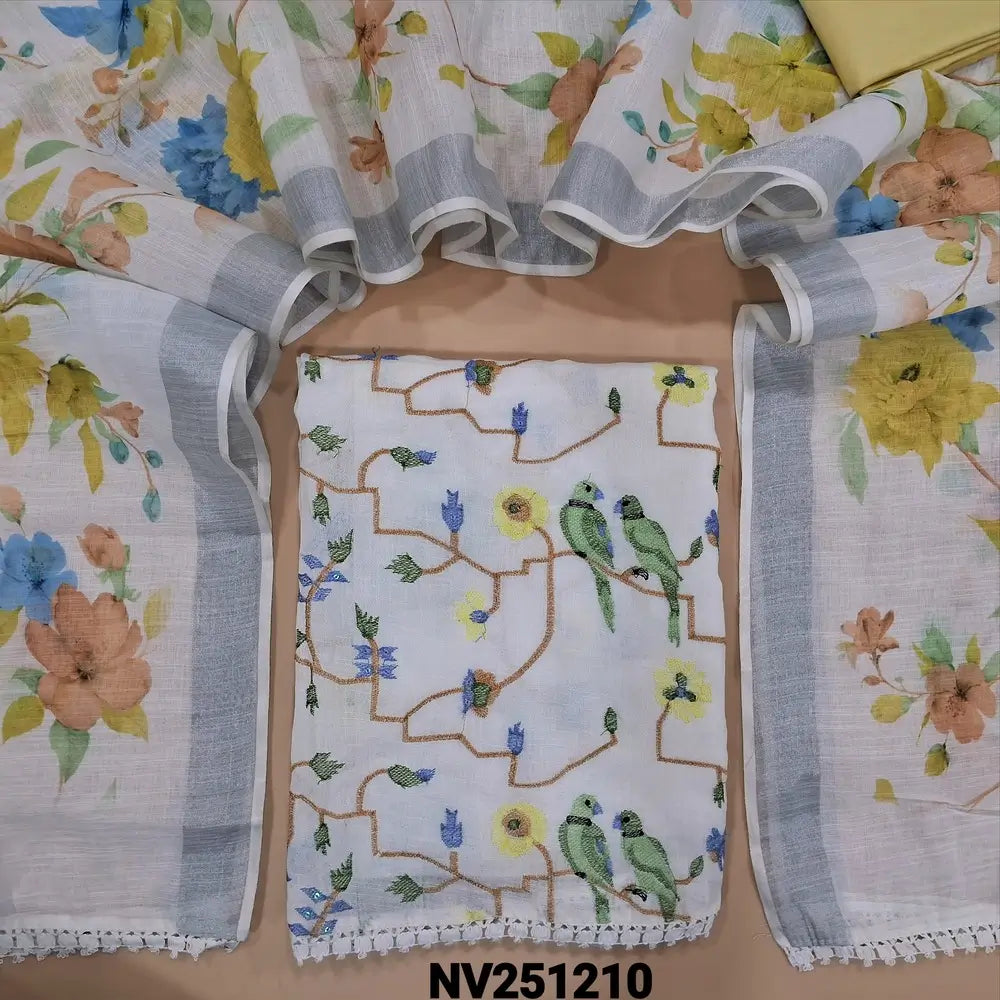Half white base semi linen unstitched salwar material(thin,lining needed)pastel thread embroidery work on front,lace work on daman, pastel yellow silky bottom,floral printed on fancy semi linen dupatta with lace tapings and silver tissue borders. NV251210