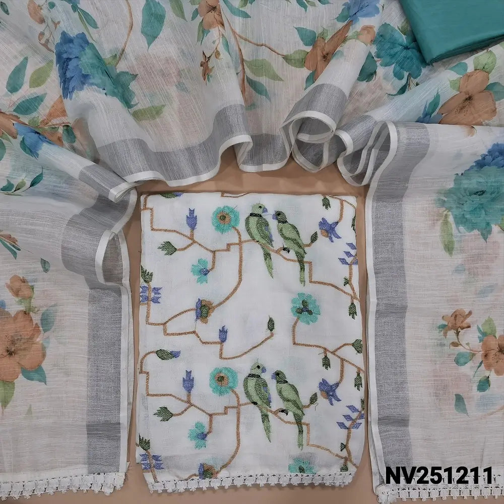 Half white base semi linen unstitched salwar material(thin, lining needed)pastel thread embroidery work on front,lace work on daman, pastel blue silky bottom,floral printed on fancy semi linen dupatta with lace tapings and silver tissue borders. NV251211