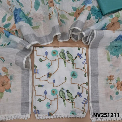 Half white base semi linen unstitched salwar material(thin, lining needed)pastel thread embroidery work on front,lace work on daman, pastel blue silky bottom,floral printed on fancy semi linen dupatta with lace tapings and silver tissue borders. NV251211