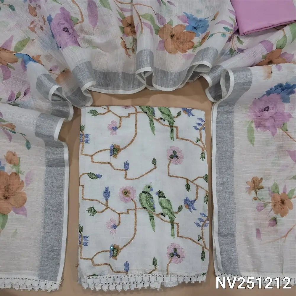 Half white base semi linen unstitched salwar material(thin, lining needed)pastel thread embroidery work on front,lace work on daman, pastel pink silky bottom,floral printed on fancy semi linen dupatta with lace tapings and silver tissue borders. NV251212