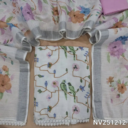 Half white base semi linen unstitched salwar material(thin, lining needed)pastel thread embroidery work on front,lace work on daman, pastel pink silky bottom,floral printed on fancy semi linen dupatta with lace tapings and silver tissue borders. NV251212