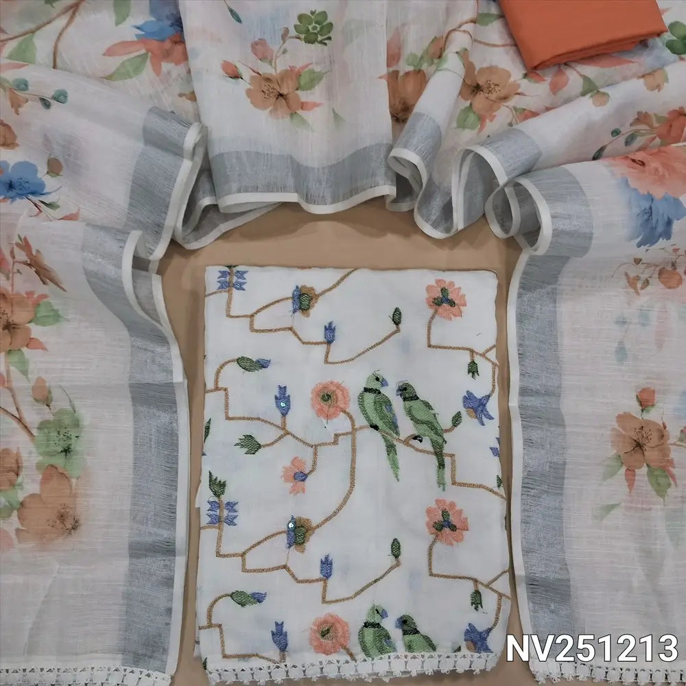 Half white base semi linen unstitched salwar material(thin, lining needed)pastel thread embroidery work on front,lace work on daman, peach silky bottom,floral printed on fancy semi linen dupatta with lace tapings and silver tissue borders.NV251213