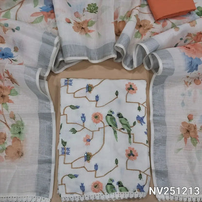 Half white base semi linen unstitched salwar material(thin, lining needed)pastel thread embroidery work on front,lace work on daman, peach silky bottom,floral printed on fancy semi linen dupatta with lace tapings and silver tissue borders.NV251213