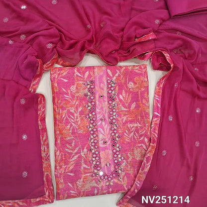 Bright pink fancy jute silk unstitched salwar material(textured, lining needed)real mirror work on yoke,leafy and floral printed all over, silk cotton bottom, thread and sequins work on fancy chiffon dupatta with tapings.NV251214