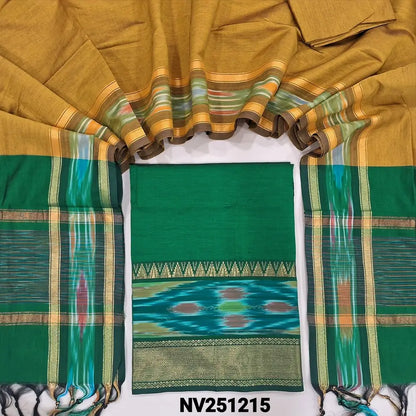 Emerald green silk cotton unstitched salwar material, thread woven design on daman(lining needed) mehandhi yellow silk cotton bottom, dual shaded silk cotton dupatta with ikat woven borders & tassels. NV251217