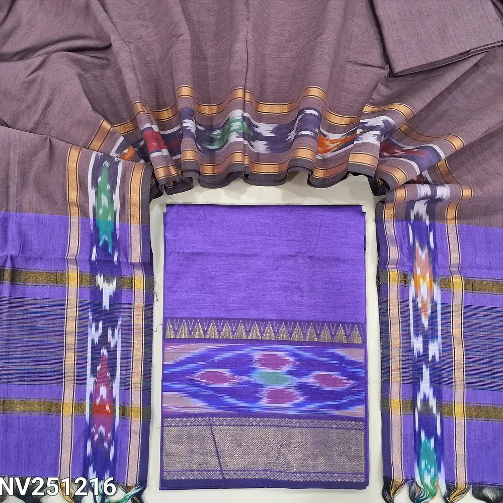 Light purple silk cotton unstitched salwar material, thread woven design on daman(lining needed) onion pink silk cotton bottom, dual shaded silk cotton dupatta with ikat woven borders & tassels. NV251216
