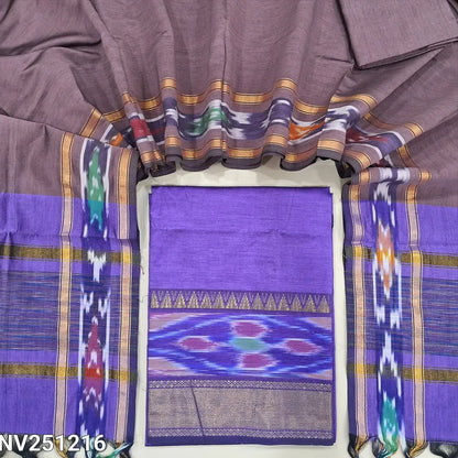 Light purple silk cotton unstitched salwar material, thread woven design on daman(lining needed) onion pink silk cotton bottom, dual shaded silk cotton dupatta with ikat woven borders & tassels. NV251216