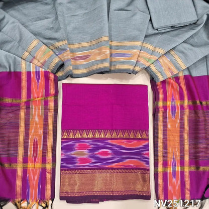 Rani pink silk cotton unstitched salwar material, thread woven design on daman(lining needed) silver grey silk cotton bottom, dual shaded silk cotton dupatta with ikat woven borders & tassels. NV251215