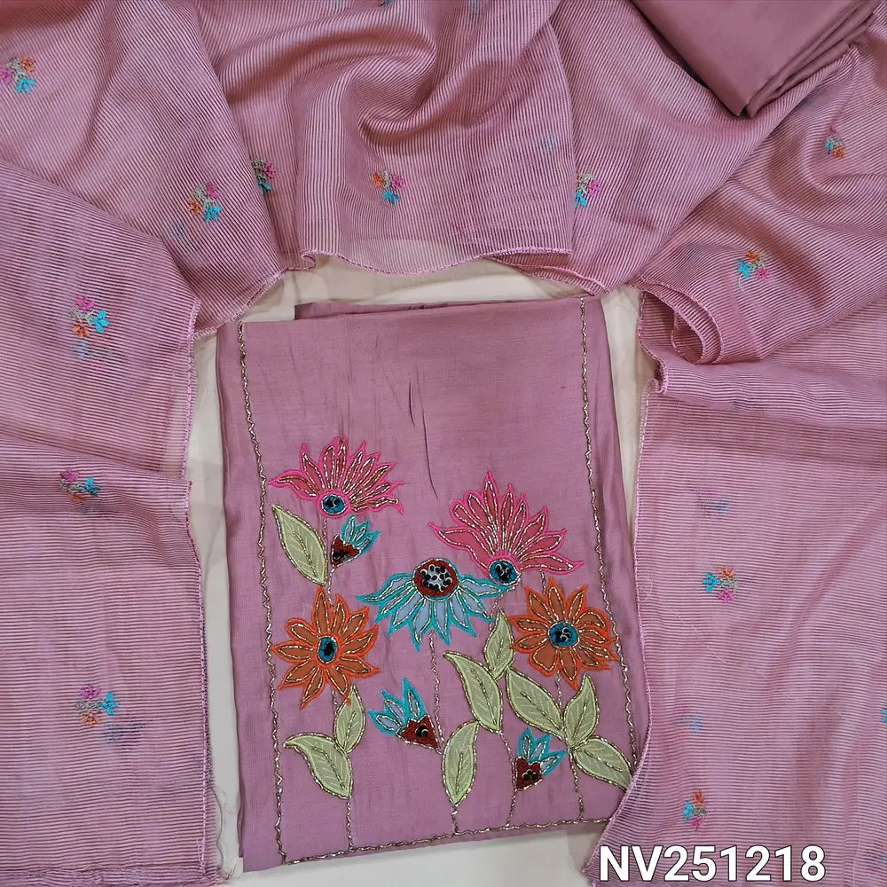 Pastel Pink Premium soft silk cotton unstitched salwar material (soft, lining needed) cut bead,applique and bead work on yoke,sequins and bead on front,matching silky bottom,colorful embroidery work on fancy super net dupatta. NV251218