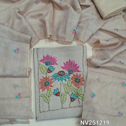 Beige Premium soft silk cotton unstitched salwar material (soft, lining needed) cut bead,applique and bead work on yoke,sequins and bead on front,matching silky bottom,colorful embroidery work on fancy super net dupatta. NV251222