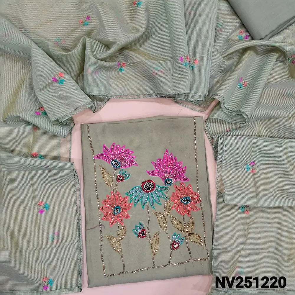 Sage Green Premium soft silk cotton unstitched salwar material (soft, lining needed) cut bead,applique and bead work on yoke,sequins and bead on front,matching silky bottom,colorful embroidery work on fancy super net dupatta. NV251221