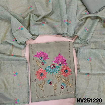 Sage Green Premium soft silk cotton unstitched salwar material (soft, lining needed) cut bead,applique and bead work on yoke,sequins and bead on front,matching silky bottom,colorful embroidery work on fancy super net dupatta. NV251221