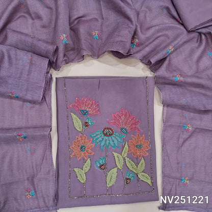 Light Purple Premium soft silk cotton unstitched salwar material (soft, lining needed) cut bead,applique and bead work on yoke,sequins and bead on front,matching silky bottom,colorful embroidery work on fancy super net dupatta. NV251220