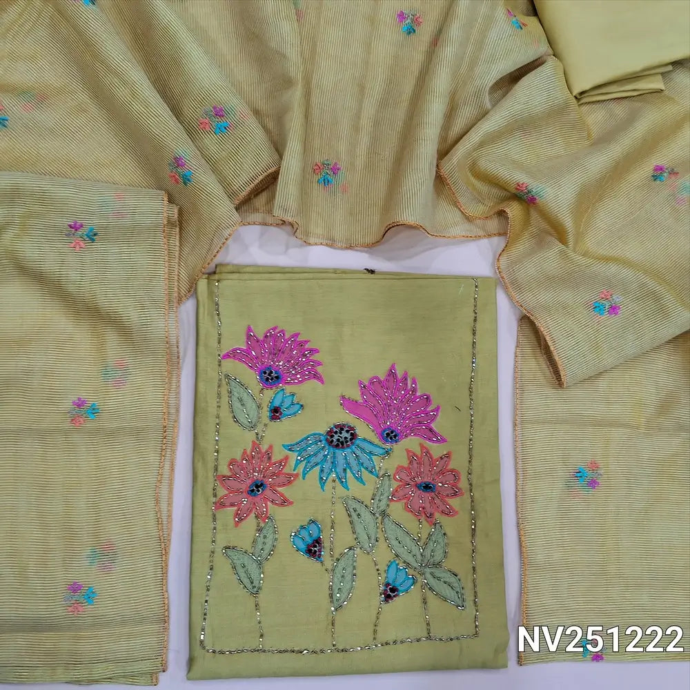 Greenish Yellow Premium soft silk cotton unstitched salwar material (soft, lining needed) cut bead,applique and bead work on yoke,sequins and bead on front,matching silky bottom,colorful embroidery work on fancy super net dupatta. NV251219