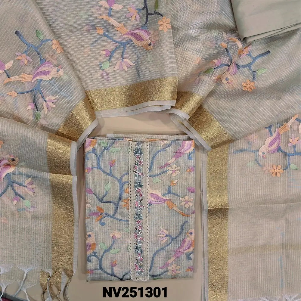 Designer Light Beige with pink&gold tint tissue kota unstitched salwar material (lining needed)cut bead and sugar bead work on yoke, rich embroidery on front,spun cotton bottom,embroidery work tissue kota full length dupatta with zari borders. NV251301