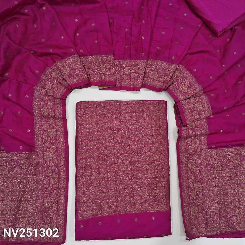 Bright pink fancy silk unstitched salwar material (soft,lining needed)antic gold zari woven on yoke,zari buttas on front,matching silky bottom,zari buttas on fancy silk full length dupatta with rich pallu. NV251302