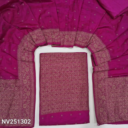 Bright pink fancy silk unstitched salwar material (soft,lining needed)antic gold zari woven on yoke,zari buttas on front,matching silky bottom,zari buttas on fancy silk full length dupatta with rich pallu. NV251302