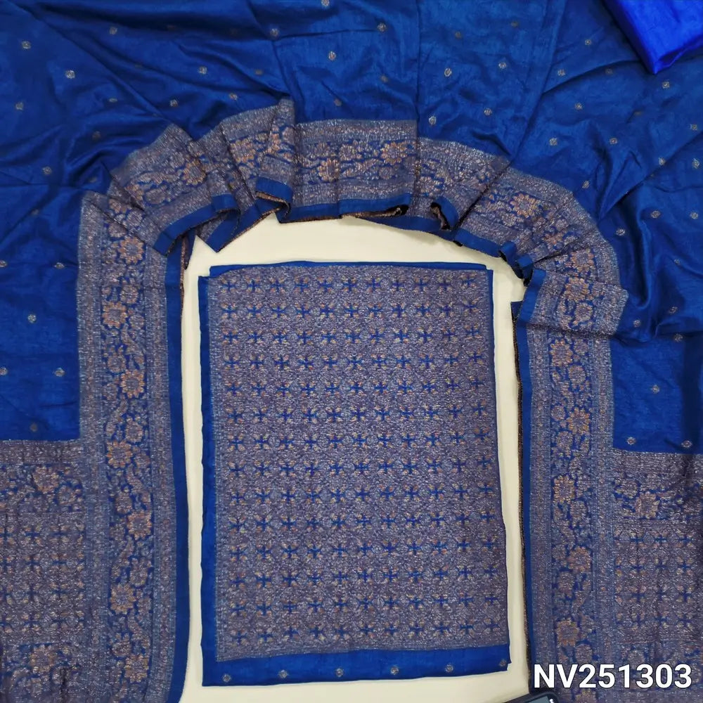 Royal blue fancy silk unstitched salwar material (soft,lining needed)antic gold zari woven on yoke,zari buttas on front,matching silky bottom,zari buttas on fancy silk full length dupatta with rich pallu. NV251303