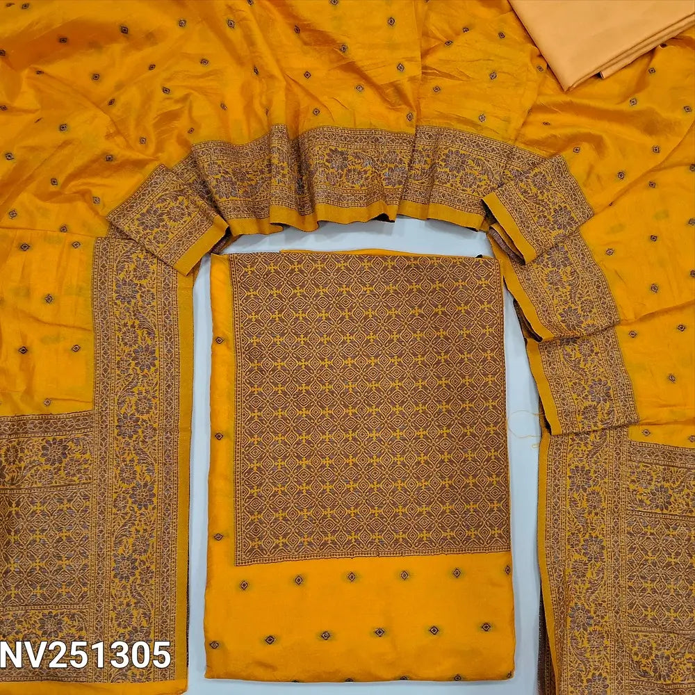 Bright yellow fancy silk unstitched salwar material (soft,lining needed)antic gold zari woven on yoke,zari buttas on front,matching silky bottom,zari buttas on fancy silk full length dupatta with rich pallu . NV251305