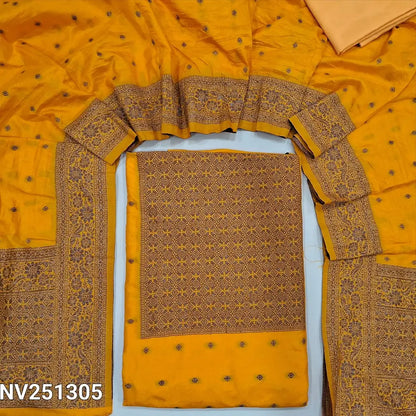 Bright yellow fancy silk unstitched salwar material (soft,lining needed)antic gold zari woven on yoke,zari buttas on front,matching silky bottom,zari buttas on fancy silk full length dupatta with rich pallu . NV251305