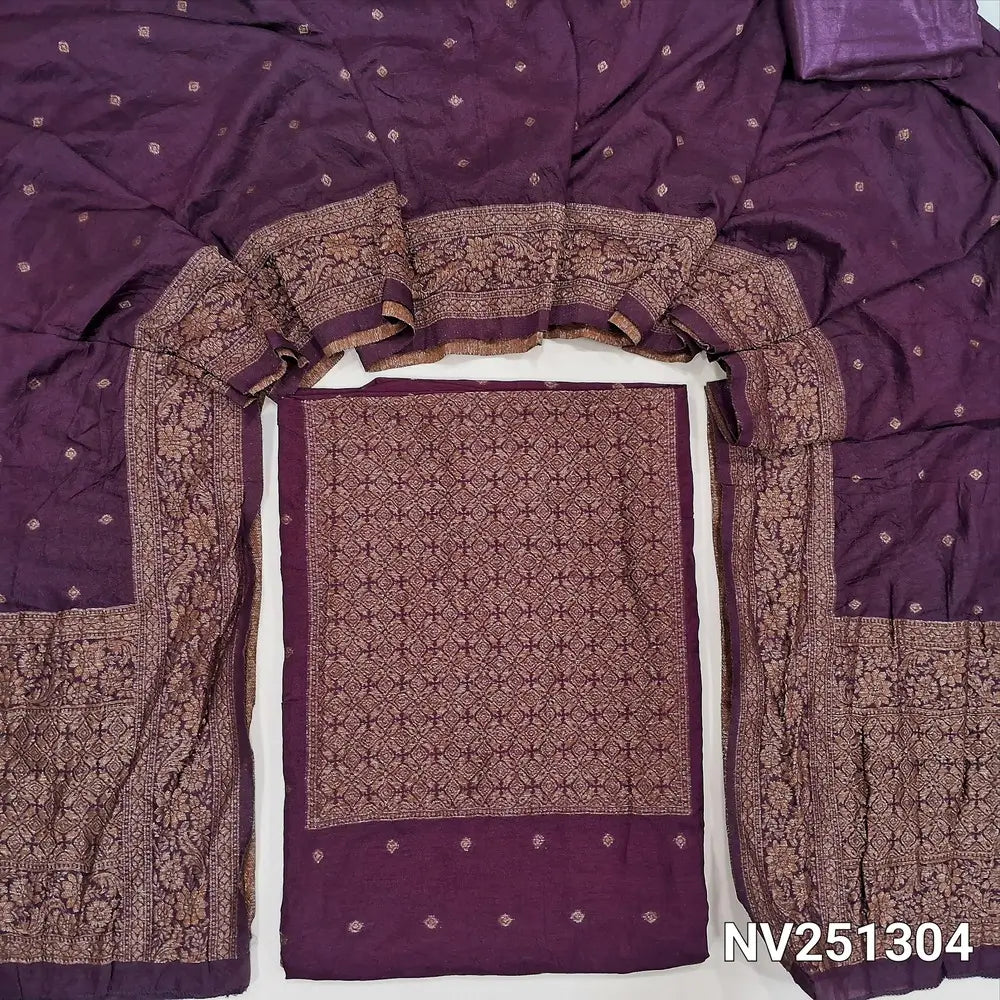 Deep wine purple fancy silk unstitched salwar material (soft,lining needed)antic gold zari woven on yoke,zari buttas on front,matching silky bottom,zari buttas on fancy silk full length dupatta with rich pallu. NV251304