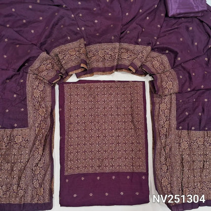 Deep wine purple fancy silk unstitched salwar material (soft,lining needed)antic gold zari woven on yoke,zari buttas on front,matching silky bottom,zari buttas on fancy silk full length dupatta with rich pallu. NV251304