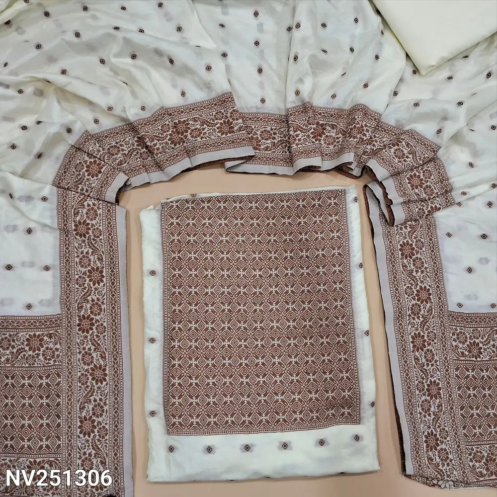 Half white fancy silk unstitched salwar material (soft,lining needed)antic gold zari woven on yoke,zari buttas on front,matching silky bottom,zari buttas on fancy silk full length dupatta with rich pallu . NV251306