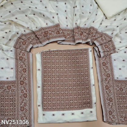 Half white fancy silk unstitched salwar material (soft,lining needed)antic gold zari woven on yoke,zari buttas on front,matching silky bottom,zari buttas on fancy silk full length dupatta with rich pallu . NV251306