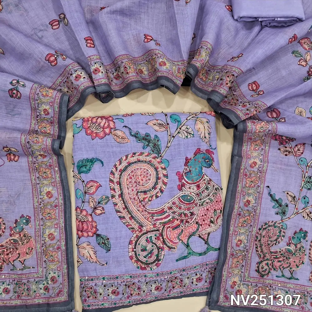 Lavender premium linen kalamkari printed unstitched salwar material (lining needed)hand embroidery on yoke, rich hand embroidery on daman,matching santoon bottom, kalamkari printed premium linen full length dupatta with rich embroidery. NV251307