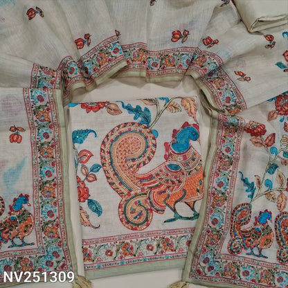 Light Beige premium linen kalamkari printed unstitched salwar material (lining needed)hand embroidery on yoke, rich hand embroidery on daman,matching santoon bottom, kalamkari printed premium linen full length dupatta with rich embroidery. NV251309